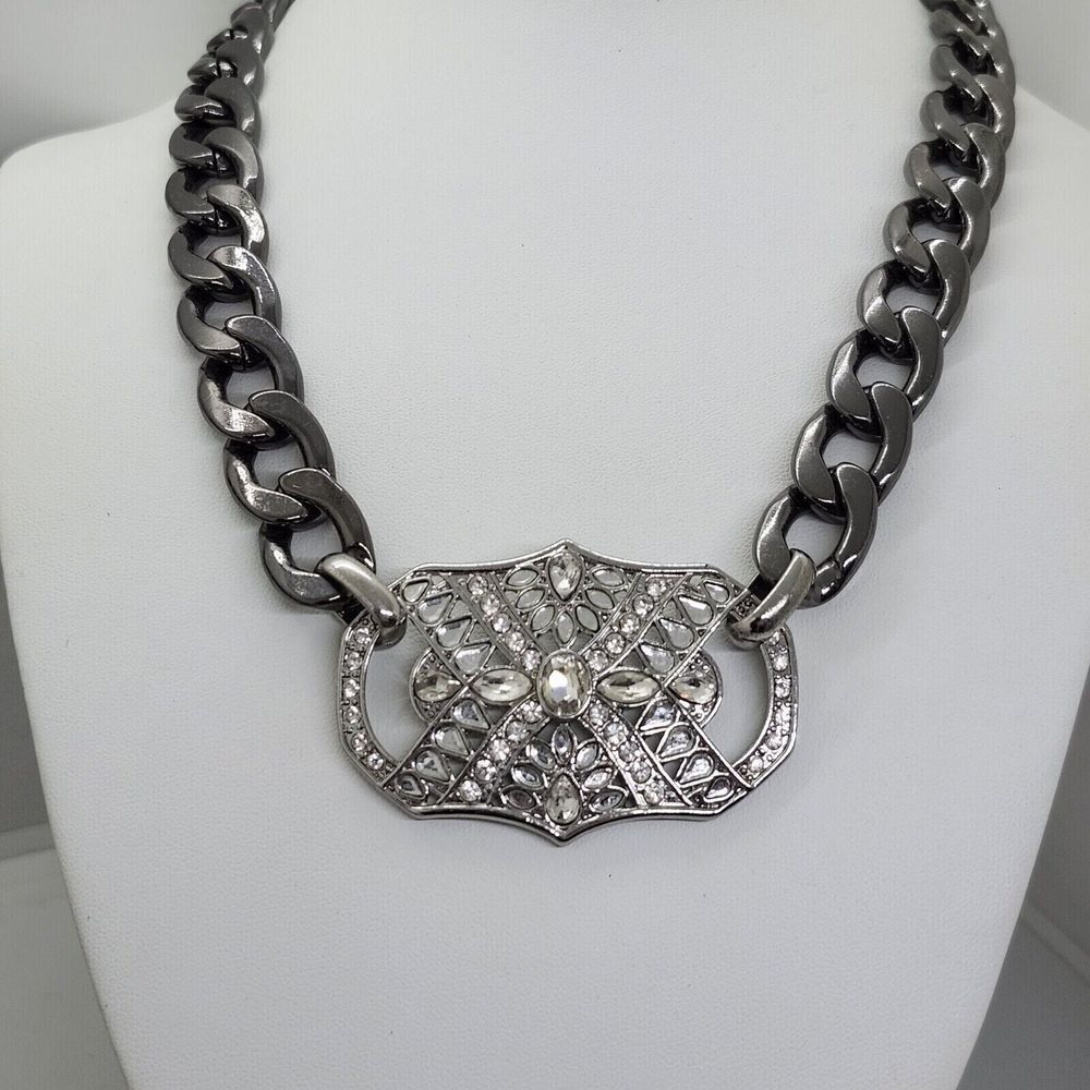 Gun Metal Chain Clear Rhinestone Pendant Necklace
